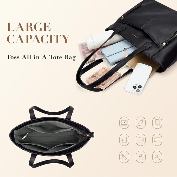 Leather Tote Bag Women Zipper Large Capacity Work Travel Casual - Picture 3 of 6